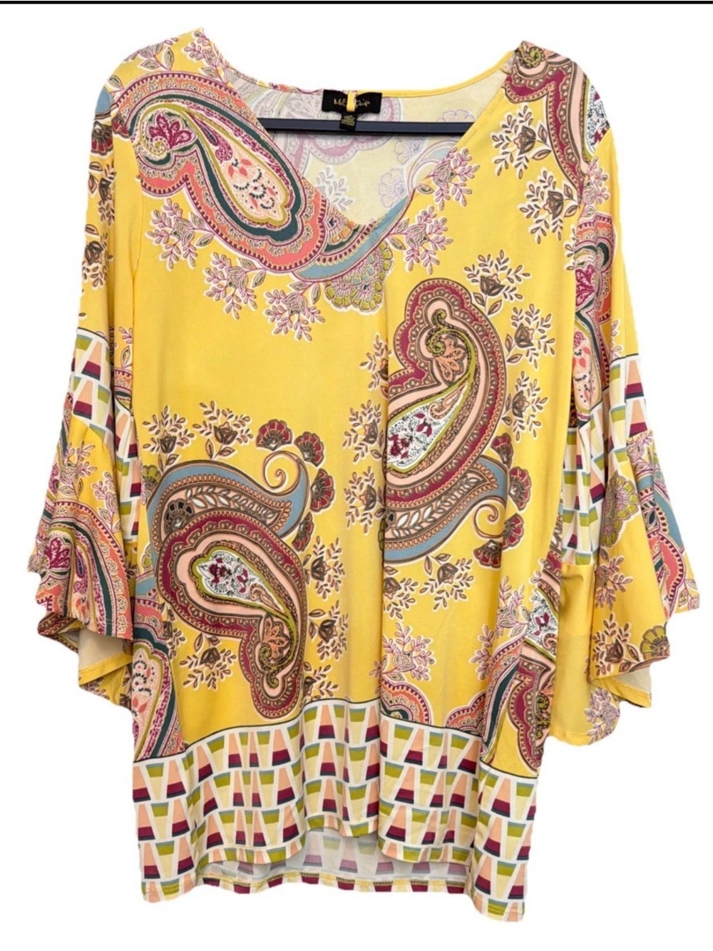 Melissa paige Boho Paisley V-Neck Tunic Top - bell ruffle sleeve’s Boho chic L